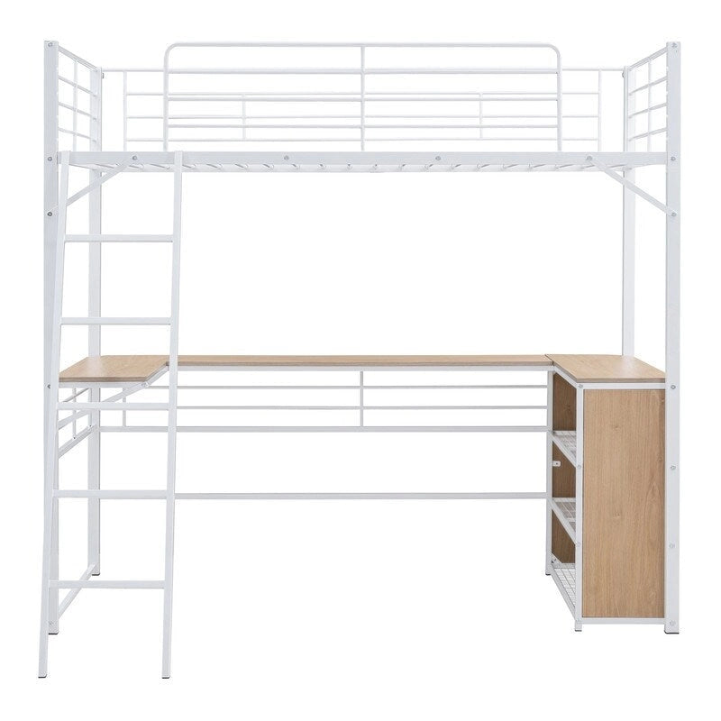 Cama loft metálica de tamaño individual con escritorio en forma de L y 3 estantes