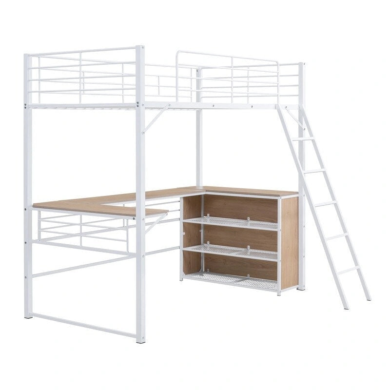 Cama loft metálica de tamaño individual con escritorio en forma de L y 3 estantes