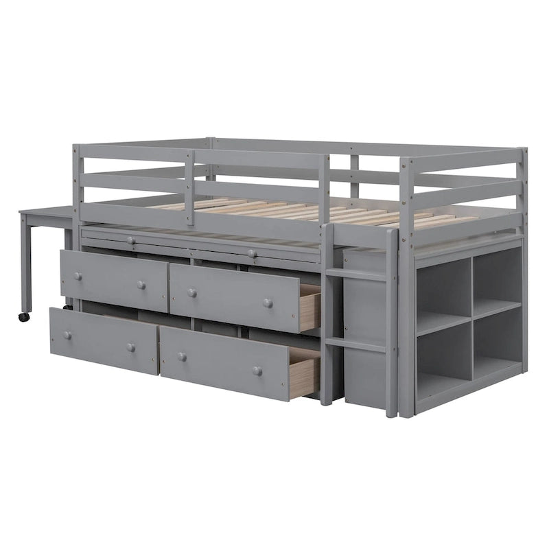 Cama alta individual con escritorio retráctil y 4 cajones