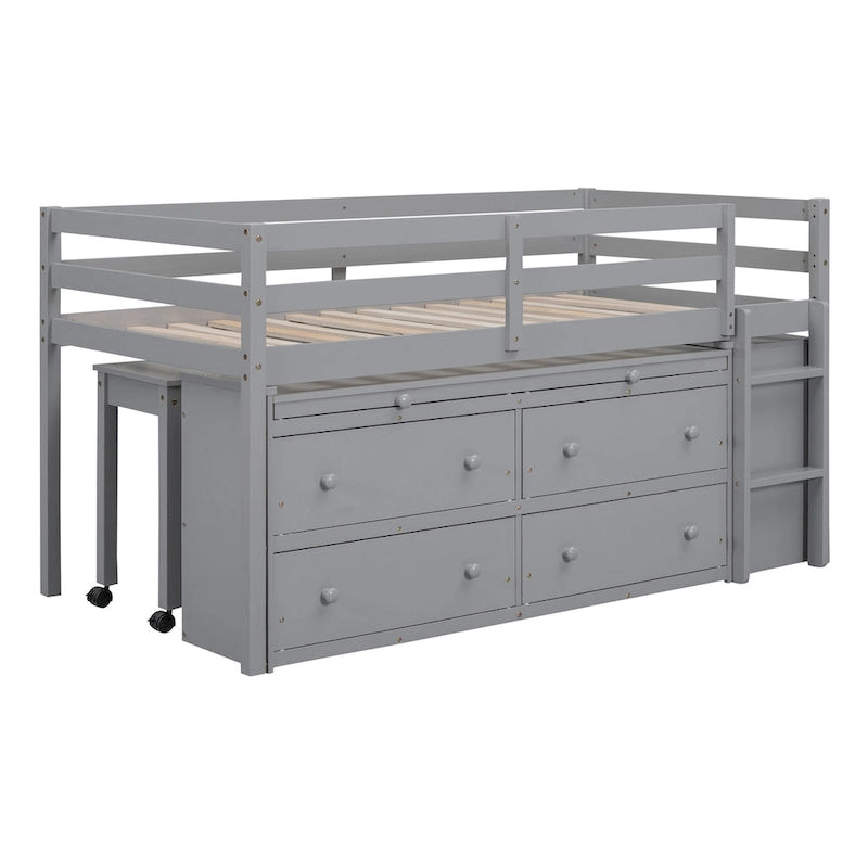 Cama alta individual con escritorio retráctil y 4 cajones