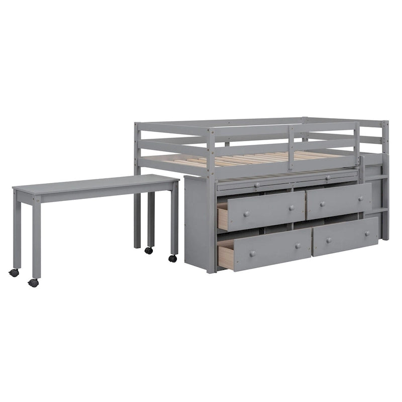 Cama alta individual con escritorio retráctil y 4 cajones