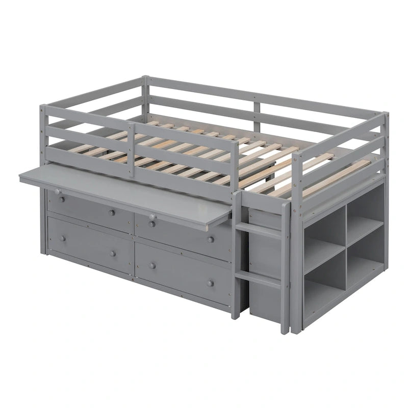 Cama alta individual con escritorio retráctil y 4 cajones