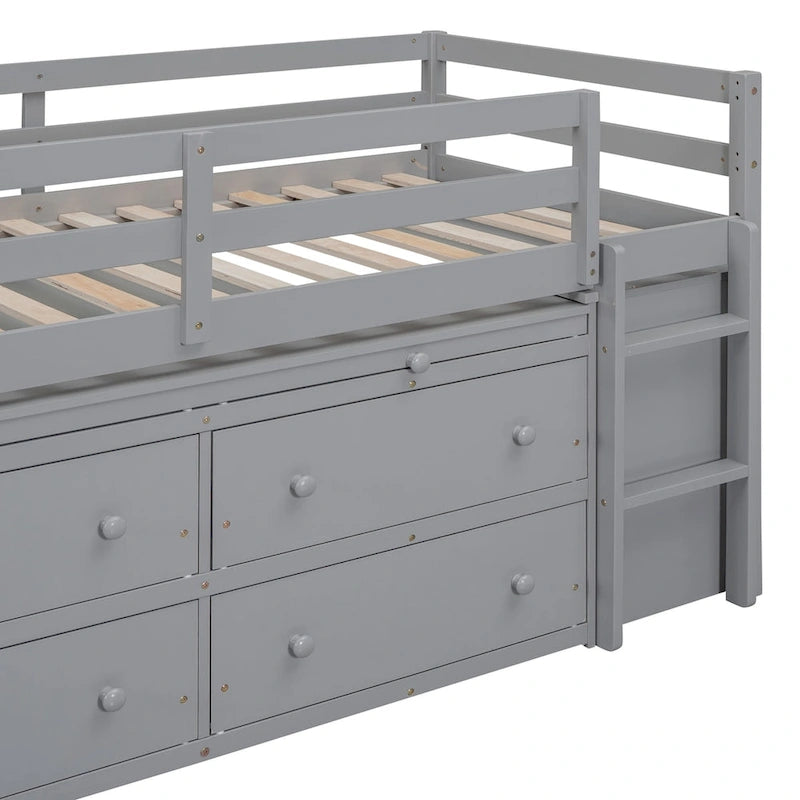 Cama alta individual con escritorio retráctil y 4 cajones
