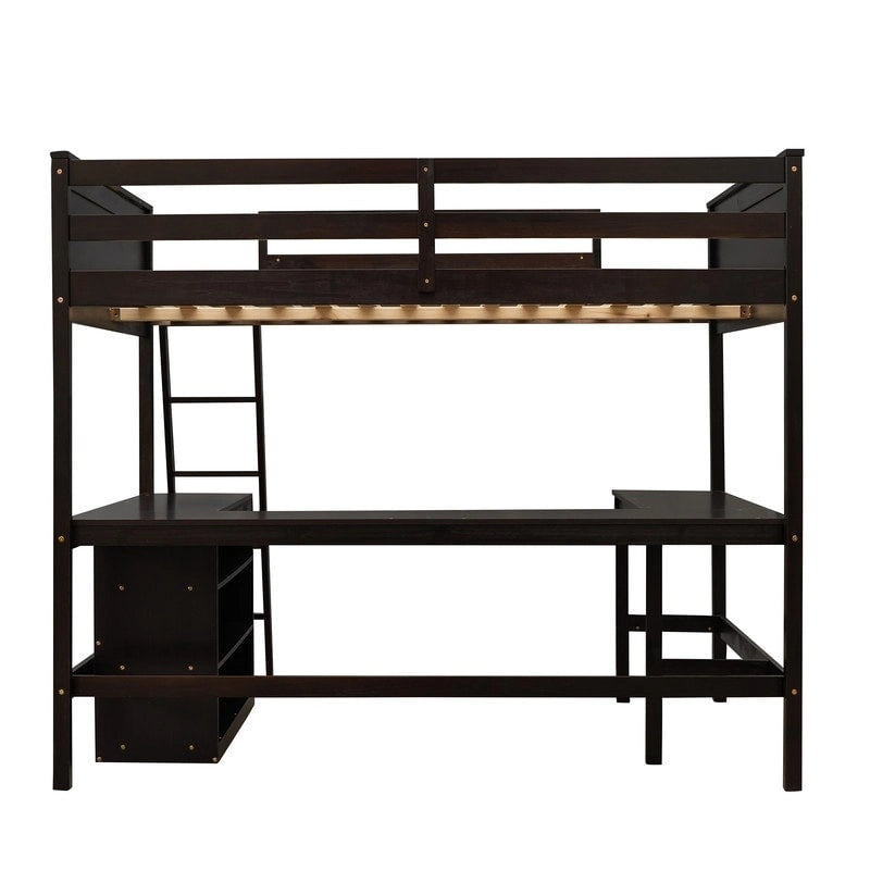 Cama alta de tamaño completo con estantes y escritorio