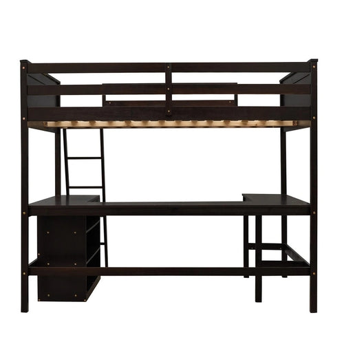 Cama alta de tamaño completo con estantes y escritorio