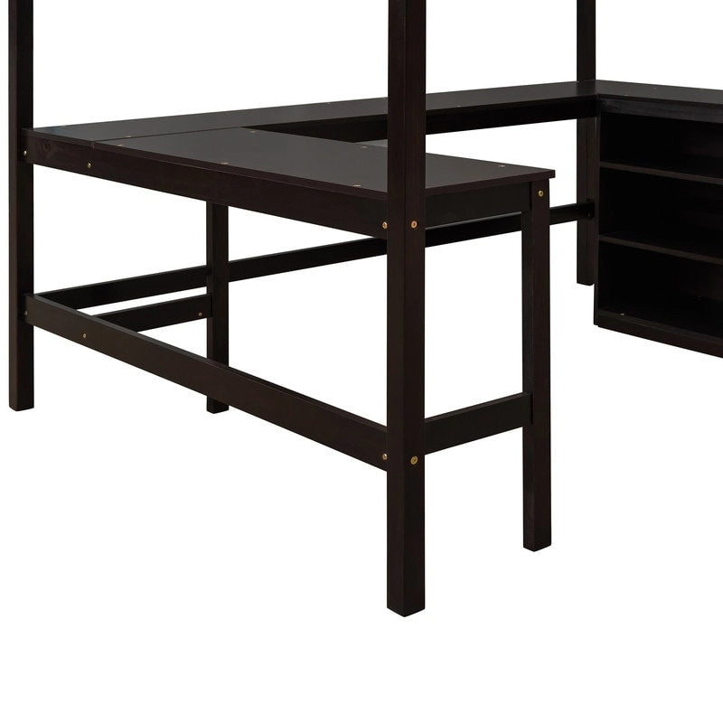 Cama alta de tamaño completo con estantes y escritorio