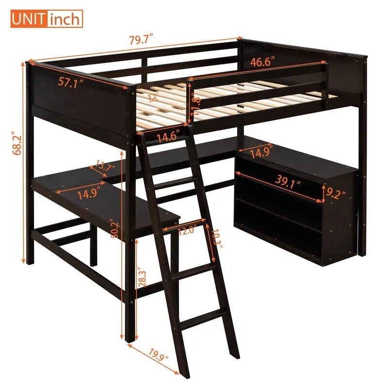 Cama alta de tamaño completo con estantes y escritorio