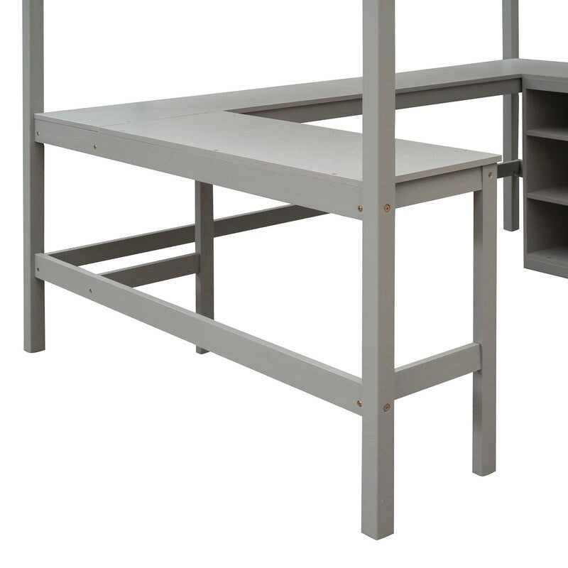 Cama alta de tamaño completo con estantes y escritorio
