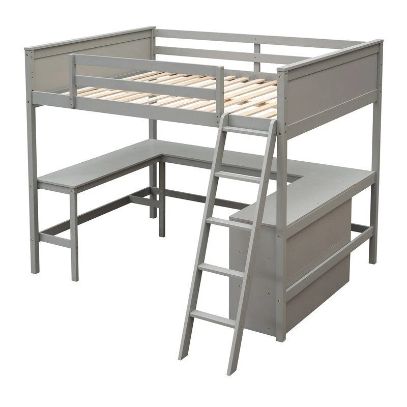 Cama alta de tamaño completo con estantes y escritorio
