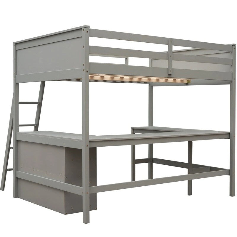Cama alta de tamaño completo con estantes y escritorio