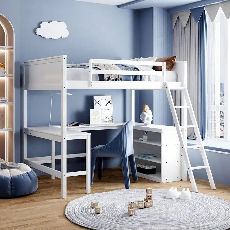 Cama alta de tamaño completo con estantes y escritorio