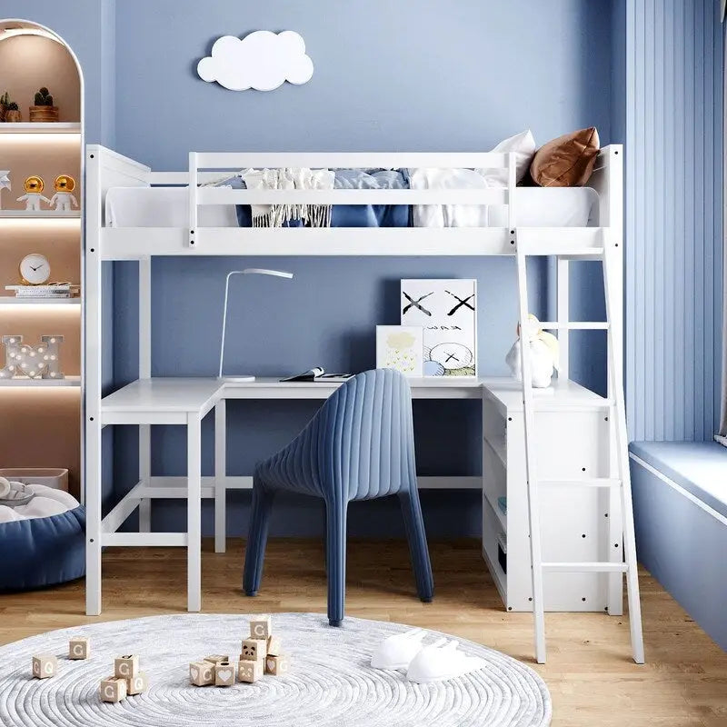 Cama alta de tamaño completo con estantes y escritorio