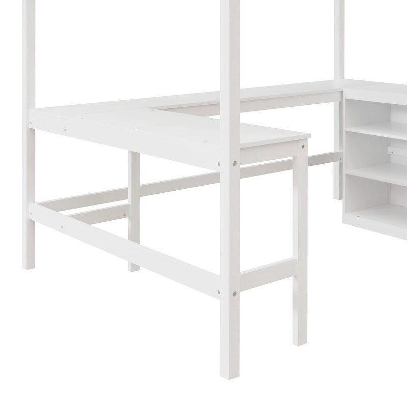 Cama alta de tamaño completo con estantes y escritorio