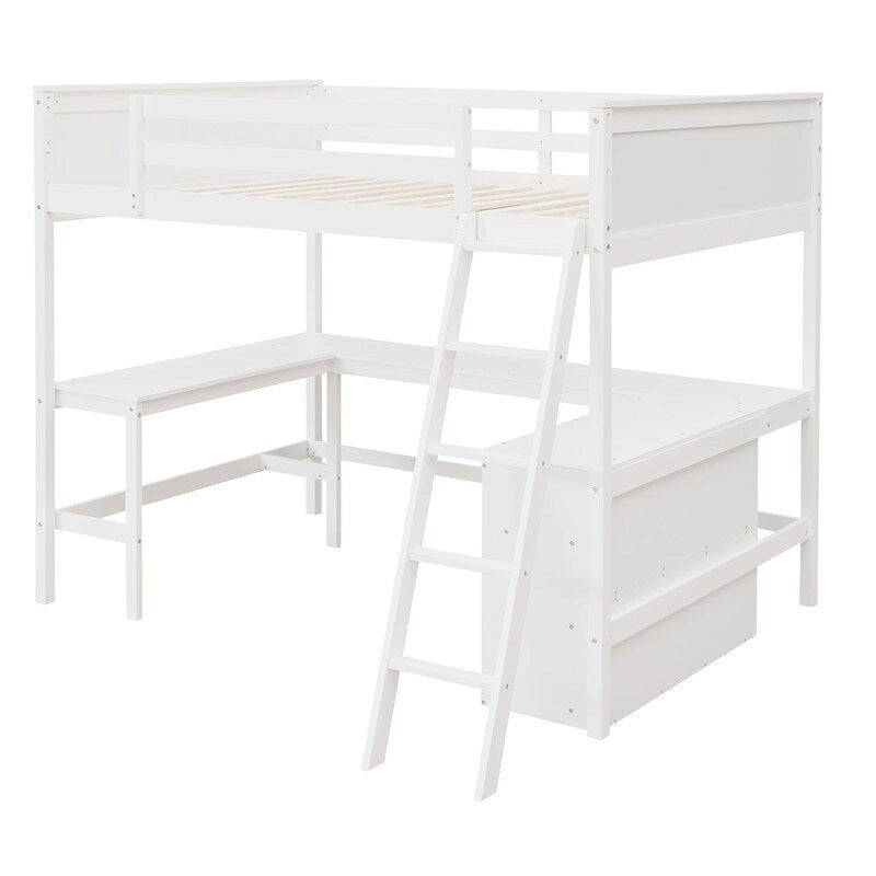 Cama alta de tamaño completo con estantes y escritorio