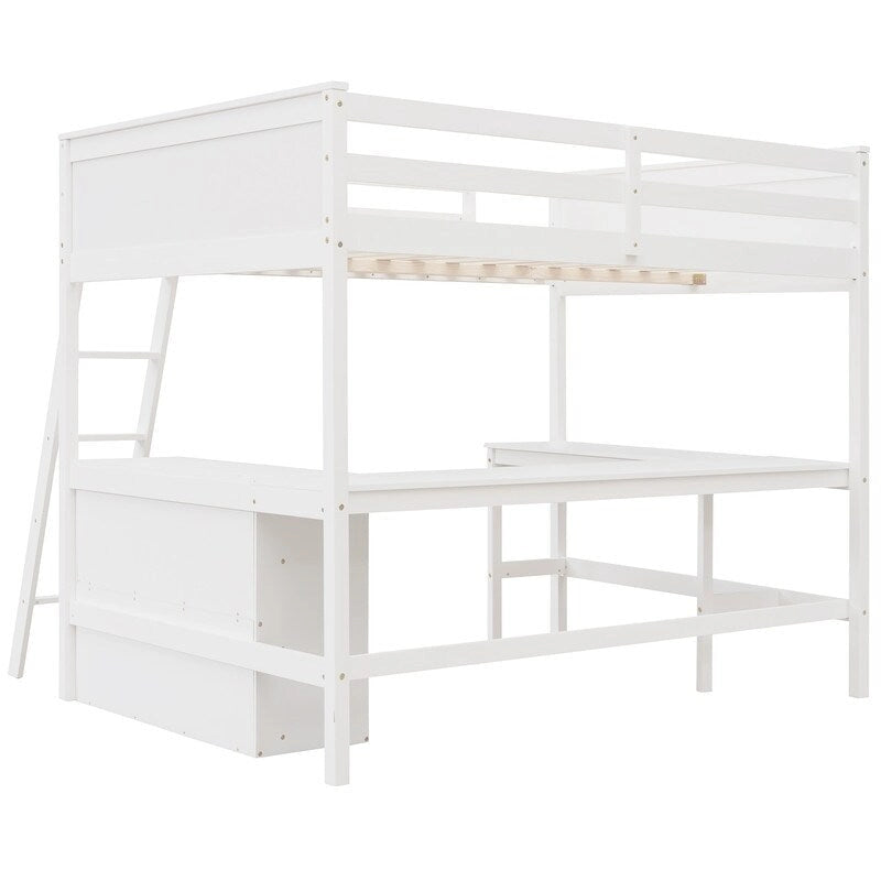 Cama alta de tamaño completo con estantes y escritorio