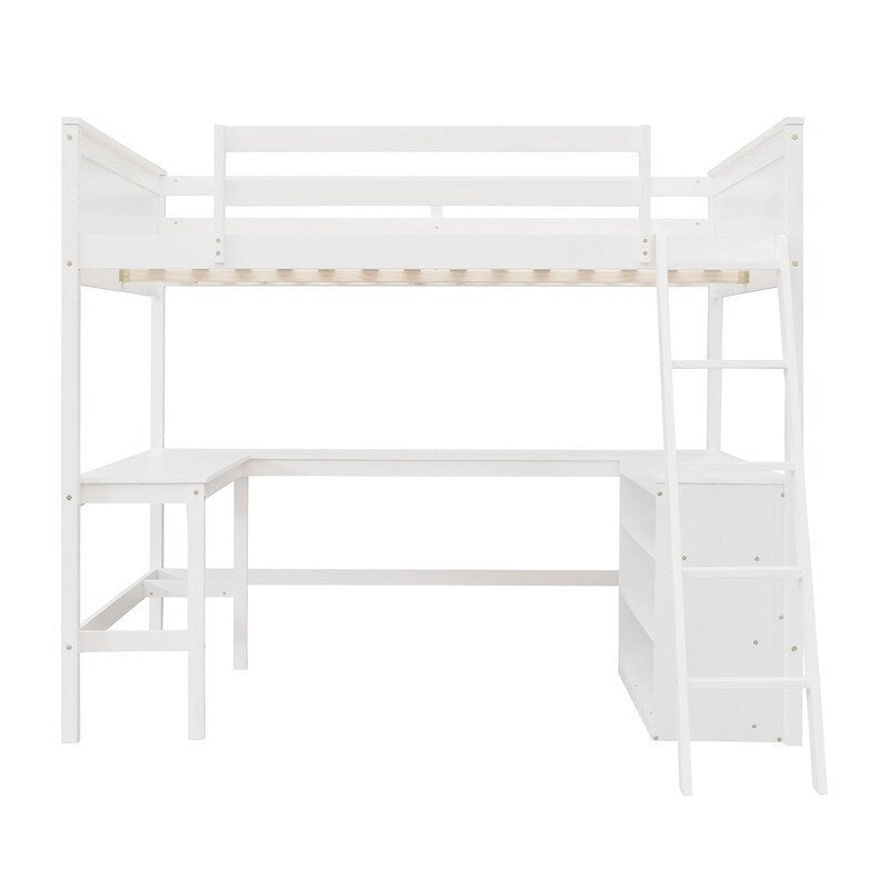 Cama alta de tamaño completo con estantes y escritorio