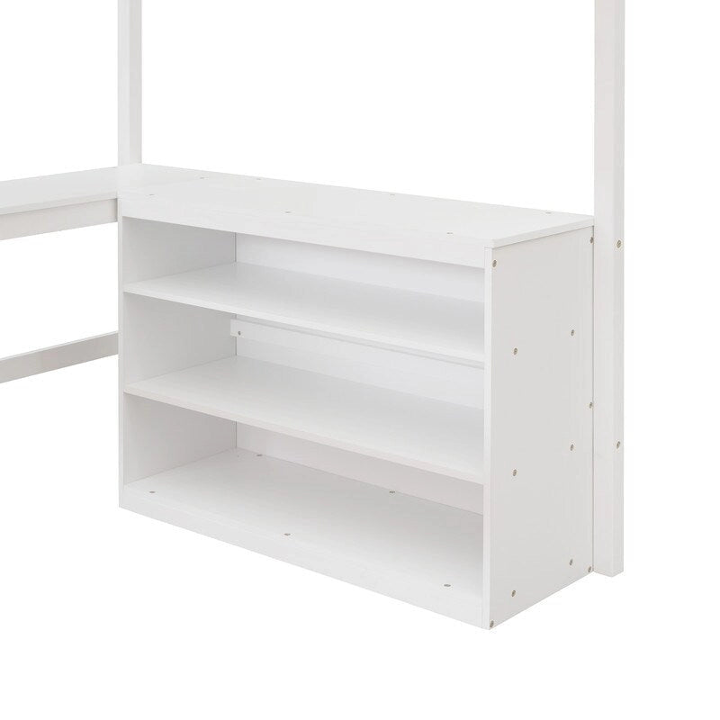 Cama alta de tamaño completo con estantes y escritorio