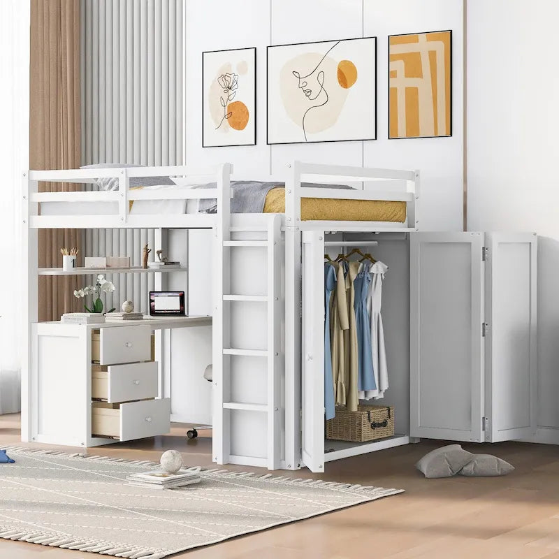 Cama alta multifuncional de pino blanco con escritorio, armario, cajones y estantes