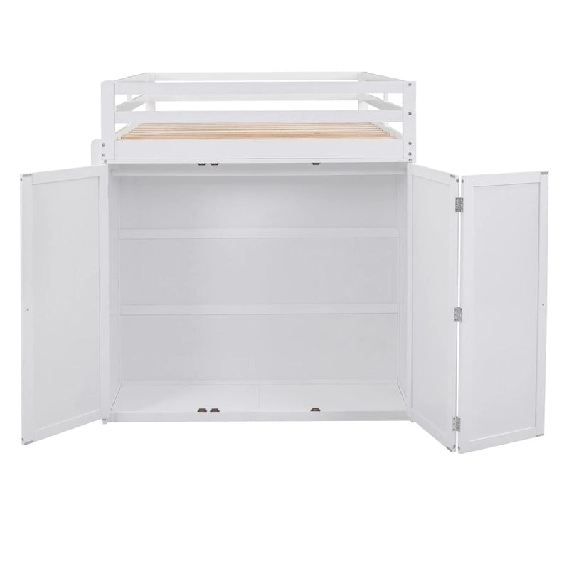 Cama alta multifuncional de pino blanco con escritorio, armario, cajones y estantes