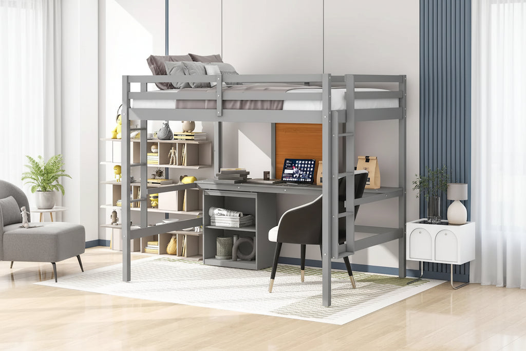 Cama alta de tamaño completo con escritorio y tablero para escribir
