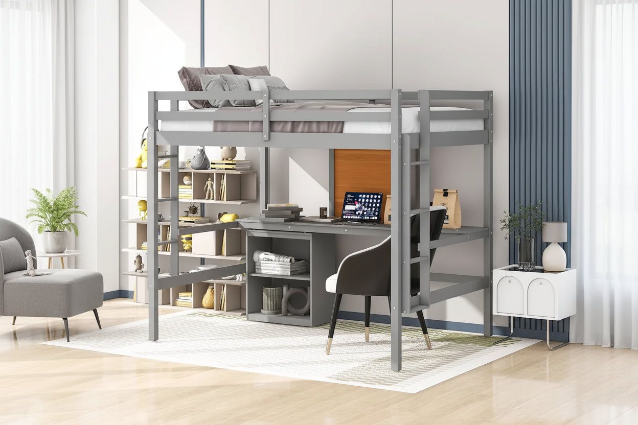 Cama alta de tamaño completo con escritorio y tablero para escribir