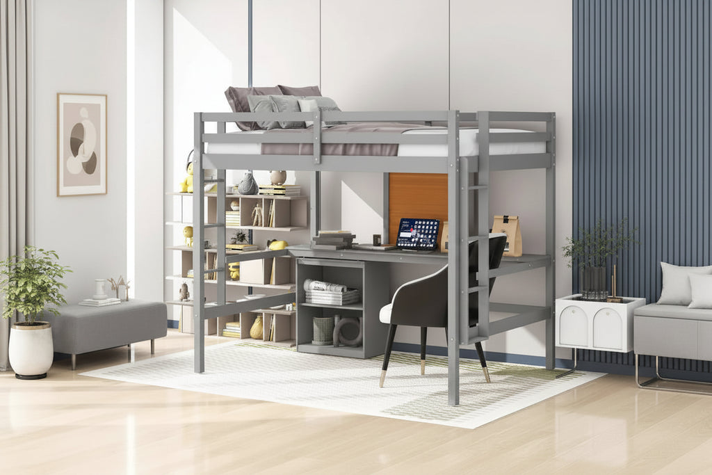 Cama alta de tamaño completo con escritorio y tablero para escribir