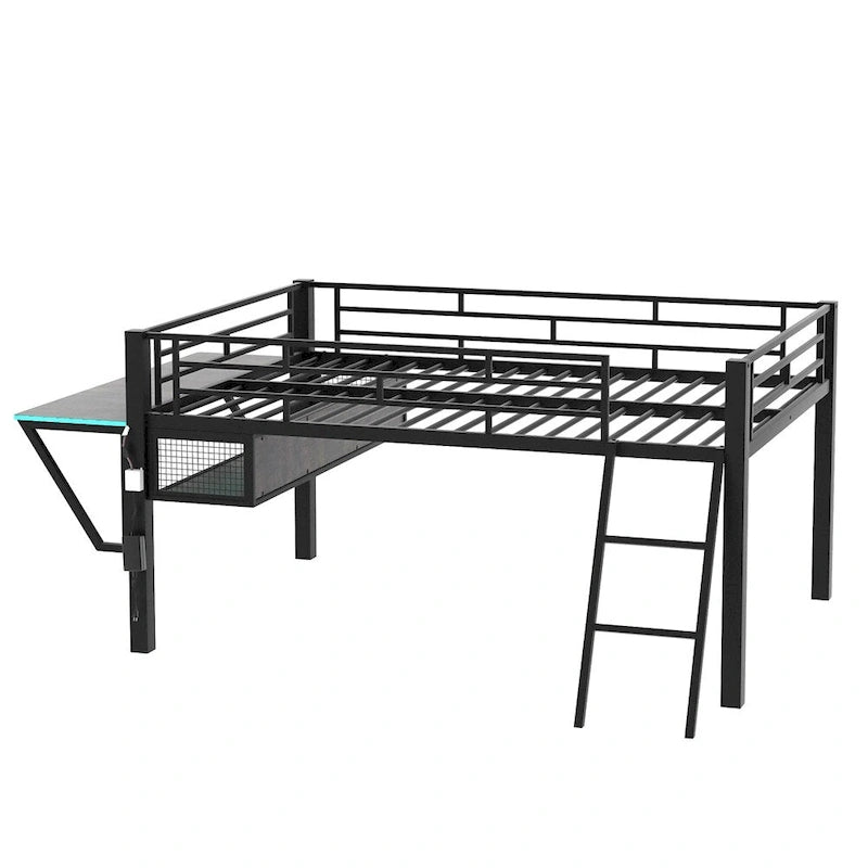 Cama tipo loft media tamaño completo para juegos con escritorio, LED