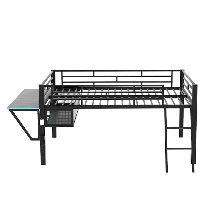 Cama tipo loft media tamaño completo para juegos con escritorio, LED