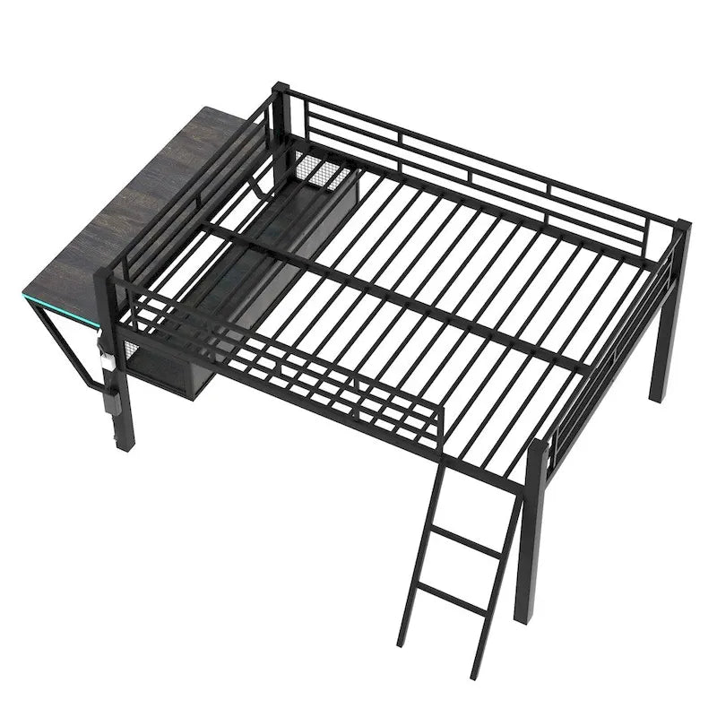 Cama tipo loft media tamaño completo para juegos con escritorio, LED