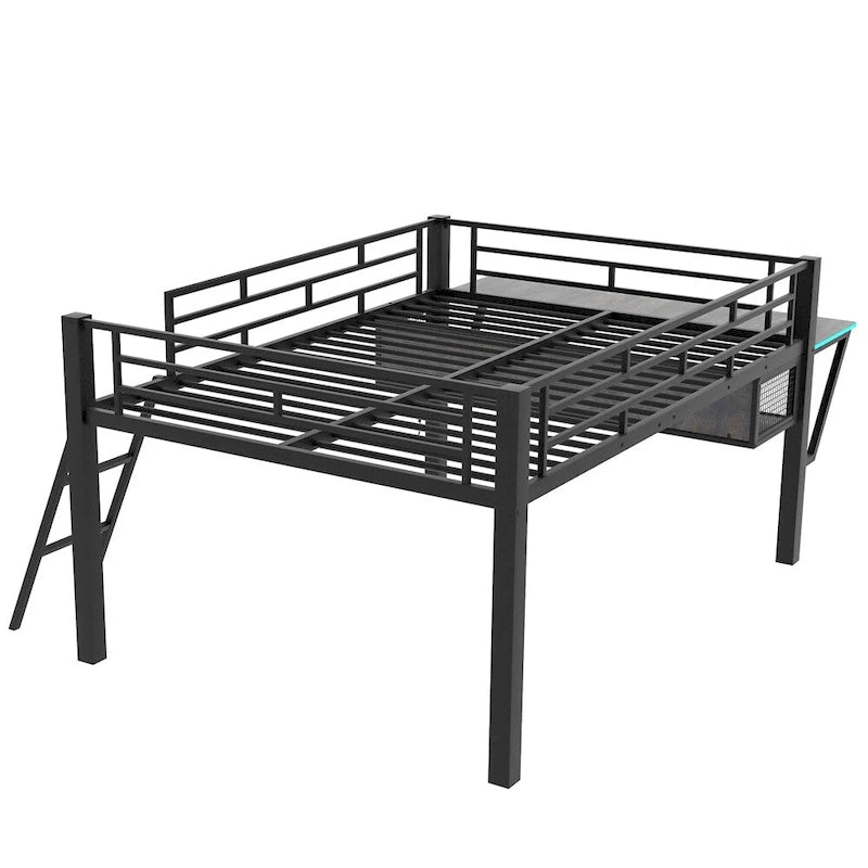Cama tipo loft media tamaño completo para juegos con escritorio, LED