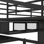 Cama alta de metal tamaño matrimonial con mesa y armario, Negra