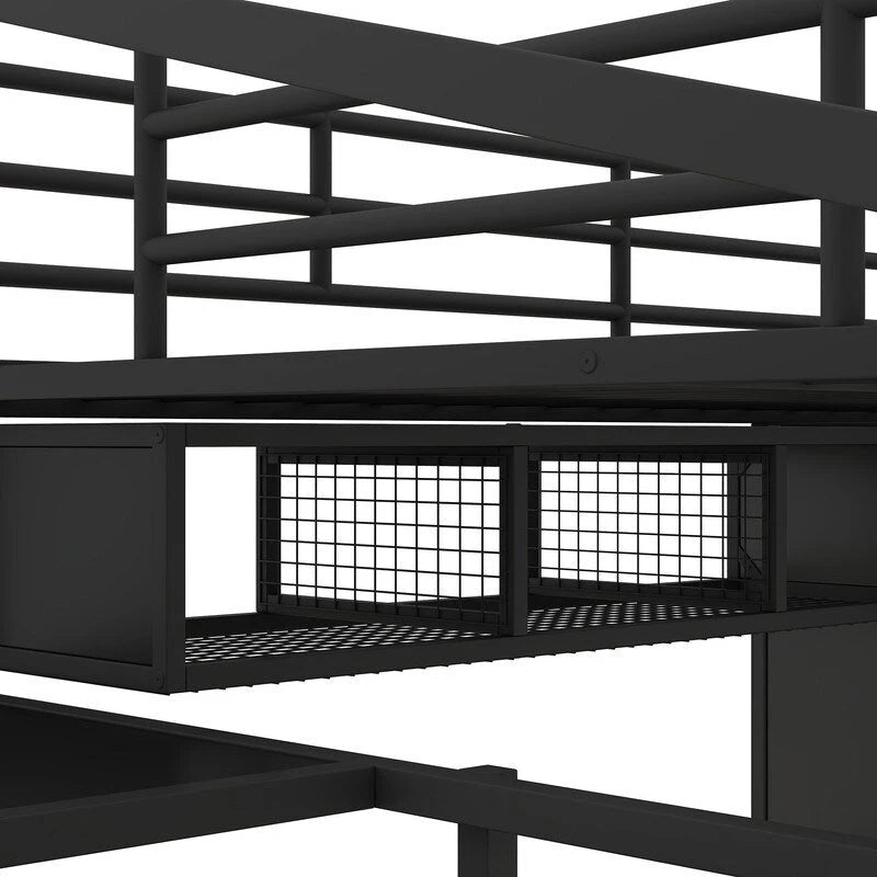 Cama alta de metal tamaño matrimonial con mesa y armario, Negra