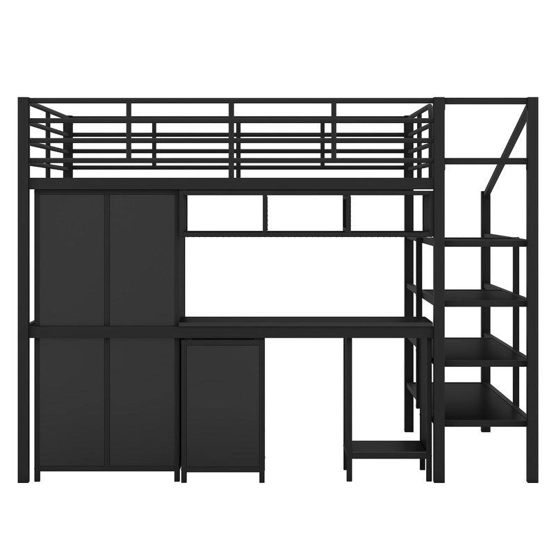Cama alta de metal tamaño matrimonial con mesa y armario, Negra