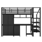 Cama alta de metal tamaño matrimonial con mesa y armario, Negra