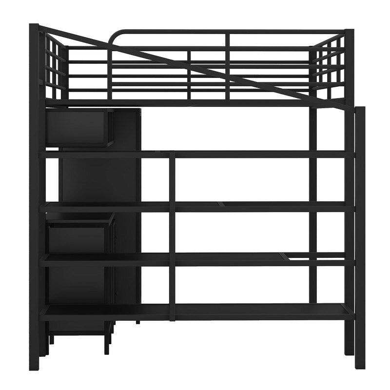 Cama alta de metal tamaño matrimonial con mesa y armario, Negra