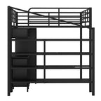 Cama alta de metal tamaño matrimonial con mesa y armario, Negra