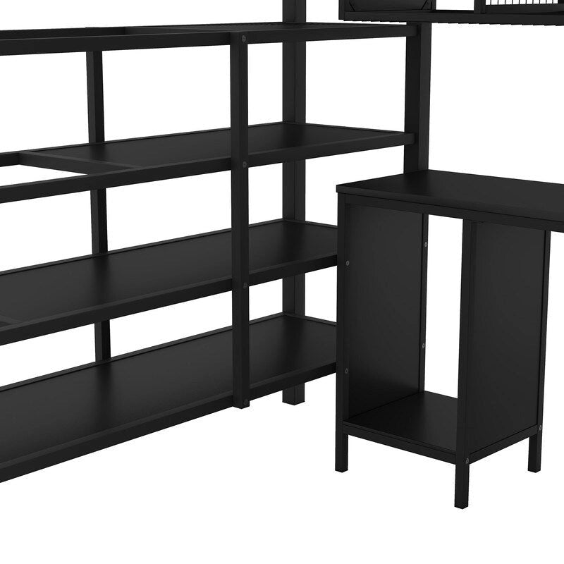 Cama alta de metal tamaño matrimonial con mesa y armario, Negra