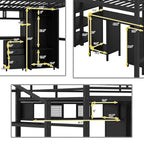 Cama alta de metal tamaño matrimonial con mesa y armario, Negra