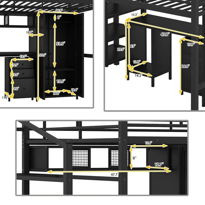 Cama alta de metal tamaño matrimonial con mesa y armario, Negra