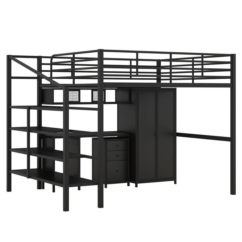Cama alta de metal tamaño matrimonial con mesa y armario, Negra