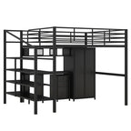 Cama alta de metal tamaño matrimonial con mesa y armario, Negra