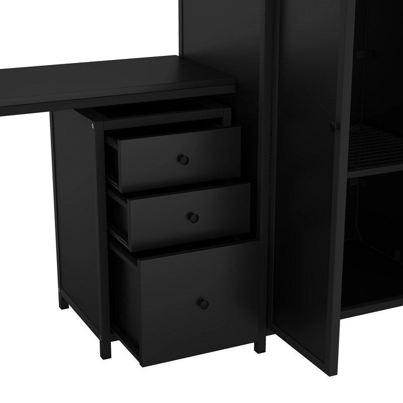 Cama alta de metal tamaño matrimonial con mesa y armario, Negra