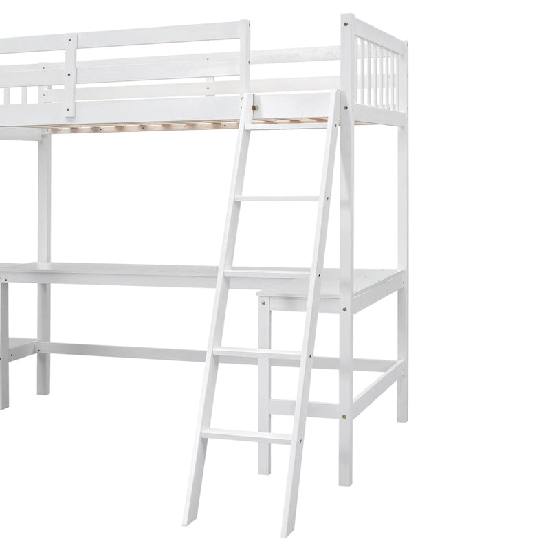 Litera alta de madera tamaño twin en forma de L con escalera y 2 escritorios integrados en forma de L