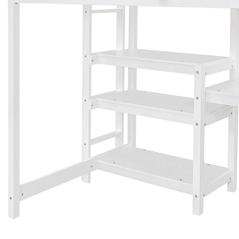 Cama alta individual blanca de madera con estantes, escritorio, tablero de escritura, barandilla