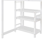 Cama alta individual blanca de madera con estantes, escritorio, tablero de escritura, barandilla