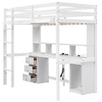 Cama alta doble/matrimonial con escritorio multi-almacenamiento, luz LED y bandeja de noche, estación de carga, blanco