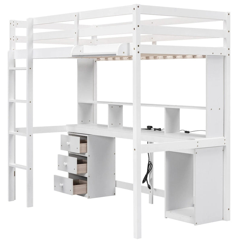 Cama alta doble/matrimonial con escritorio multi-almacenamiento, luz LED y bandeja de noche, estación de carga, blanco