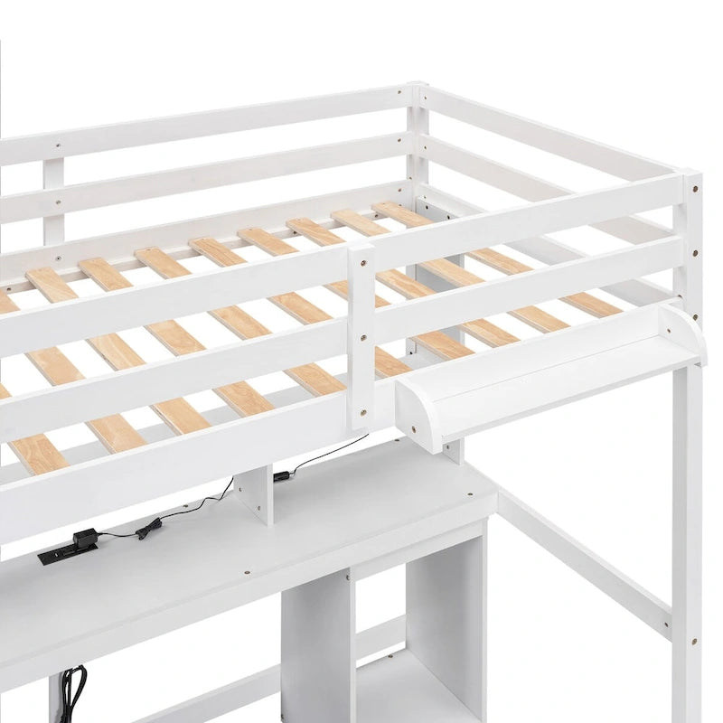 Cama alta doble/matrimonial con escritorio multi-almacenamiento, luz LED y bandeja de noche, estación de carga, blanco
