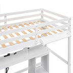 Cama alta doble/matrimonial con escritorio multi-almacenamiento, luz LED y bandeja de noche, estación de carga, blanco