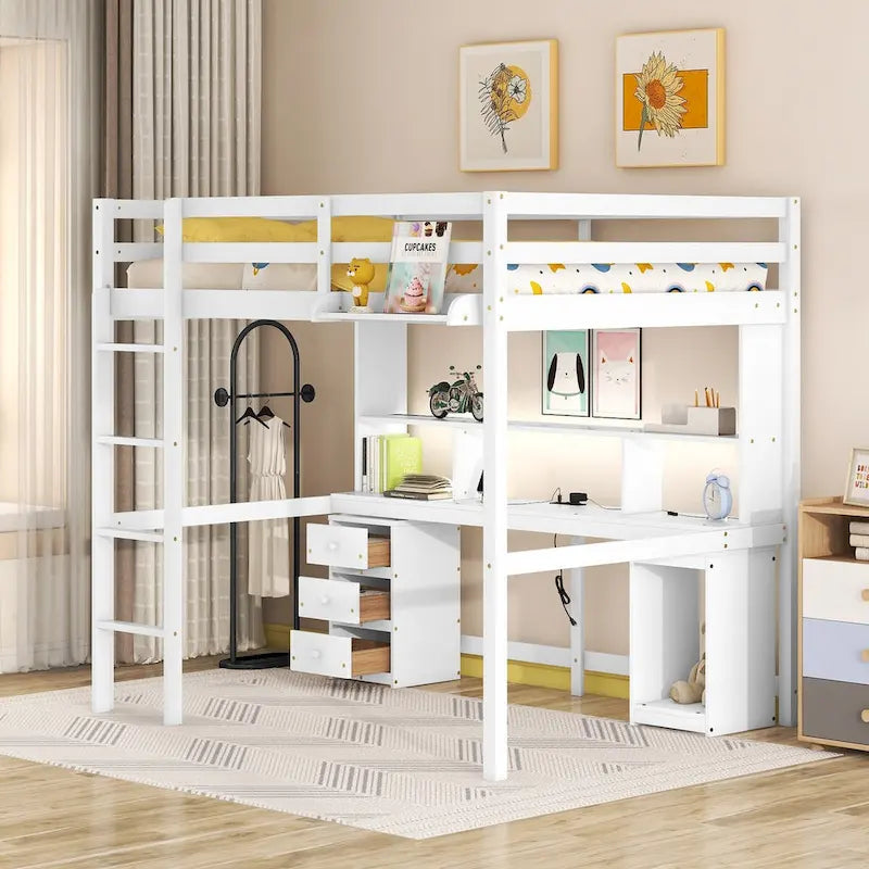 Cama alta doble/matrimonial con escritorio multi-almacenamiento, luz LED y bandeja de noche, estación de carga, blanco
